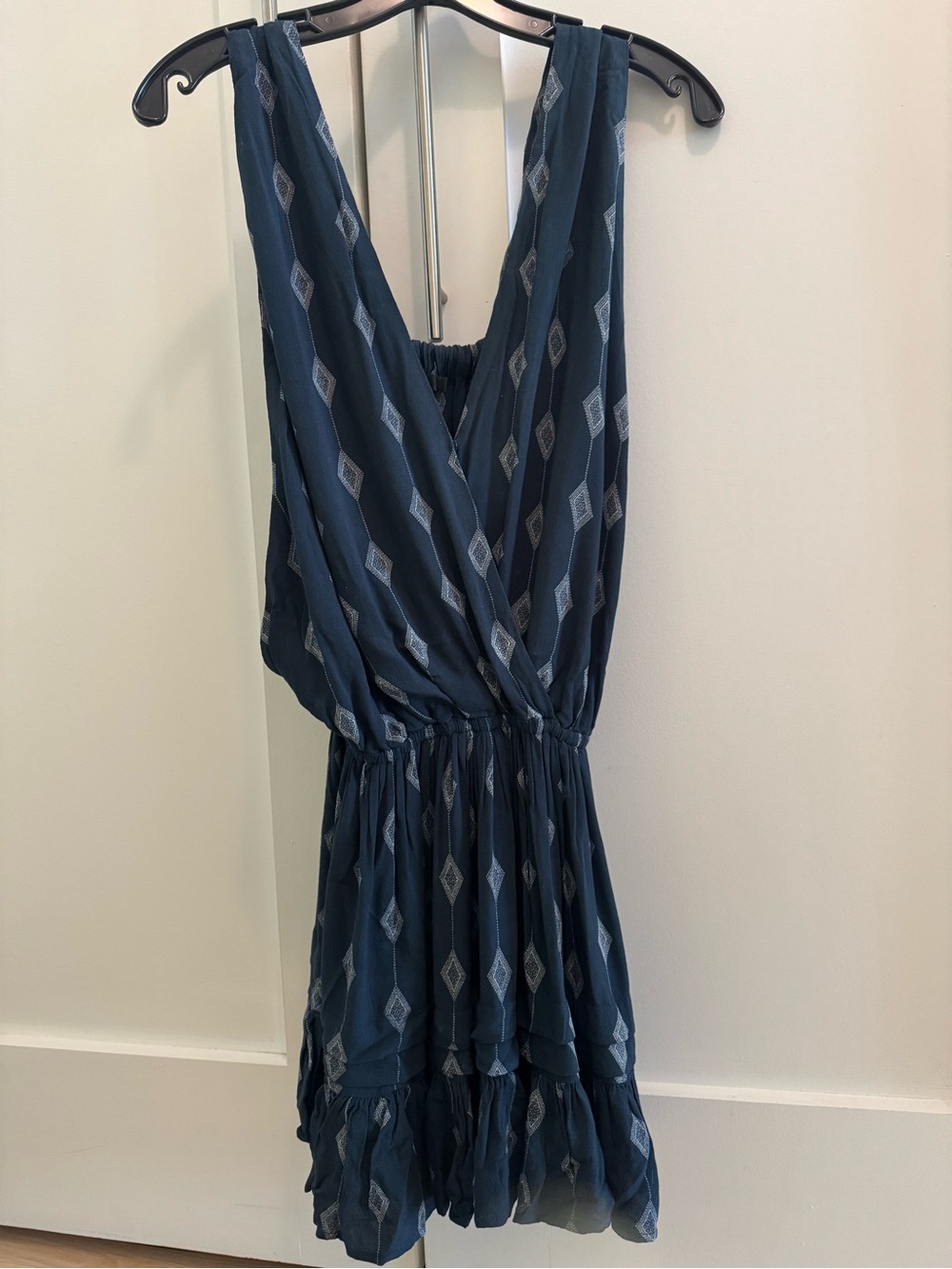 Indah Navy Blue Patterned Sleeveless V-Neck Mini Dress